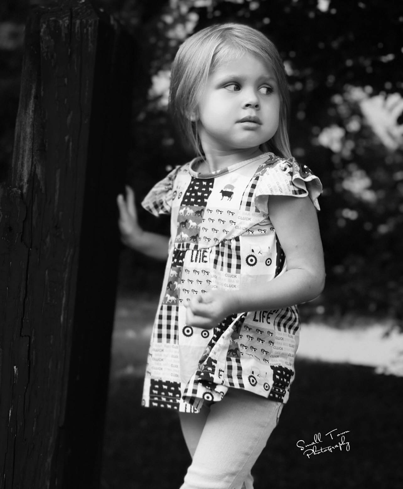 Hailee joined the competition — help win amazing prizes! black_and_white, blond, child, cool, flash_photography, fun, grass, hair, happy, monochrome, monochrome_photography, pattern, people_in_nature, person, portrait, portrait_photography, sleeve, style, t_shirt, toddler