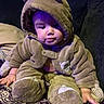 baby, child, onesie, bear_costume, hood, fuzzy, plush, blanket, patterned_blanket, sitting, indoor, couch, cute, chubby_cheeks, infant, hand, foot, soft_lighting, portrait, cozy