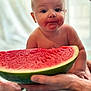 baby, background, closeup, curious, cute, expression, face, food, fresh, fruit, hand, healthy, infant, juice, mouth, person, sitting, skin, summer, watermelon