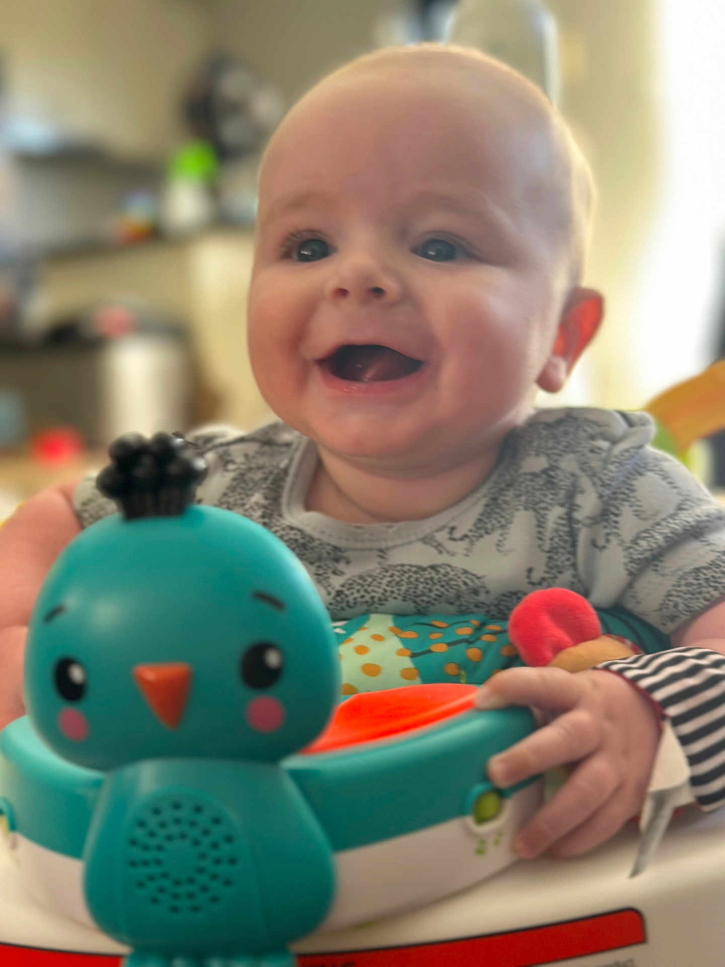 Heath is registered to the contest to win money with this photo: baby, smiling, toy, bird_toy, happy, child, indoor, face, hand, clothing, play, infant, cheerful, cute, person, expression, bright, soft_focus, closeup, colorful