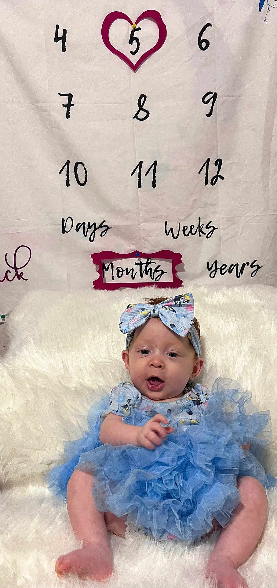 Emery joined the competition — help win amazing prizes! baby, blue_tutu, headband, bow, milestone_blanket, months, sitting, chair, fur, cute, infant, portrait, celebration, clothing, smile, child, indoor, soft_texture, white_background, happy