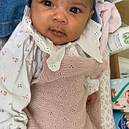 Nelya participe au concours pour gagner de l'argent avec cette photo : baby, infant, face, eyes, portrait, knit_overall, white_collar, blanket, denim, hand, bottle, changing_table, packaging, nursery, cute, soft_toy, clothing, skin, pink, indoor