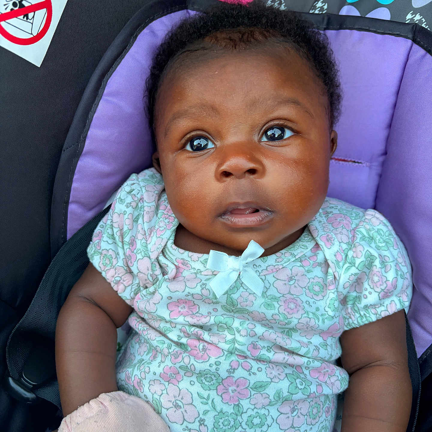 Linda Marie is registered to the contest to win money with this photo: baby, infant, car_seat, purple_cushion, floral_onesie, mittens, butterfly_pattern, child, cute, portrait, indoors, seatbelt, curious, skin, face, eyes, head, clothing, person, baby_accessory