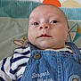 animal_illustration, baby, button, child, closeup, clothing, colorful, cute, denim_overalls, eyes, fabric, face, infant, lying_down, owl, patch, patterned_background, portrait, skin, striped_shirt