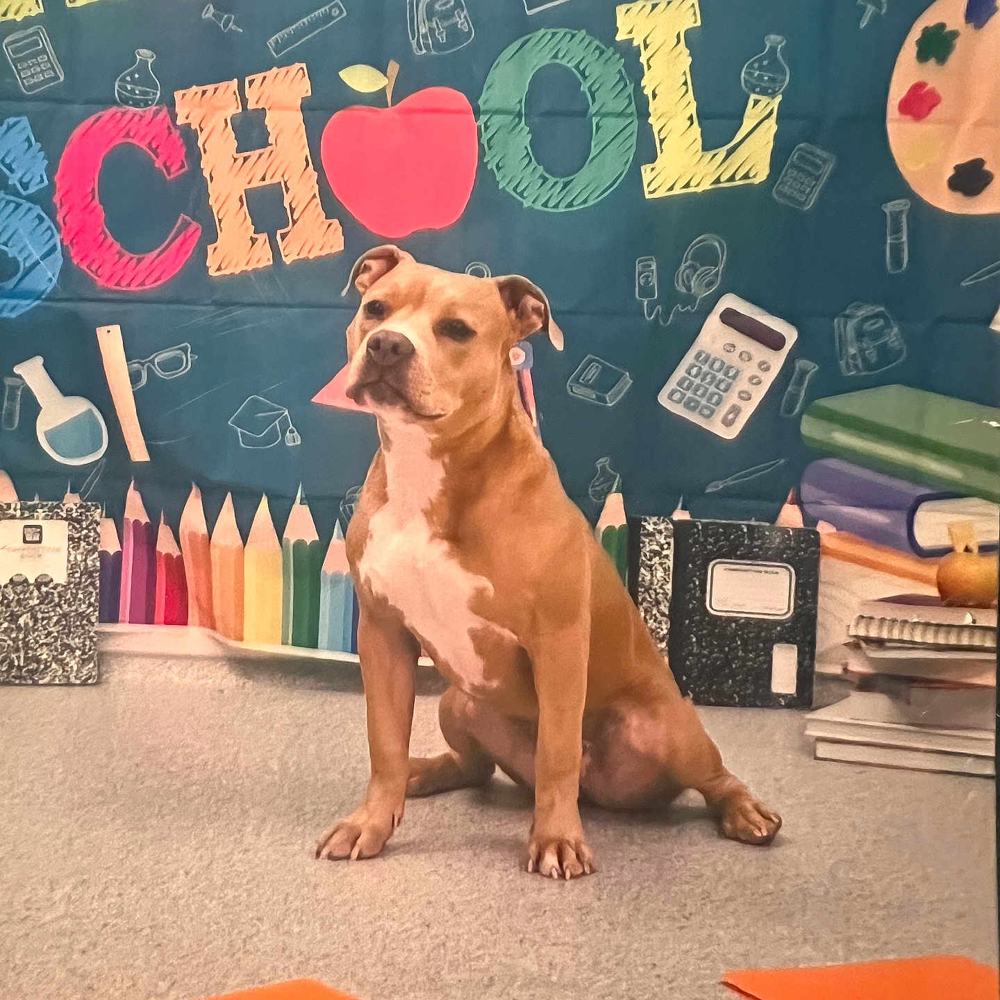 Lola joined the competition — help win amazing prizes! dog, brown_dog, sitting, carpet, school_theme, colorful_background, pencils, books, notebooks, calculator, apple, paint_palette, headphones, pen, glasses, orange_folders, educational, indoors, cute, calm