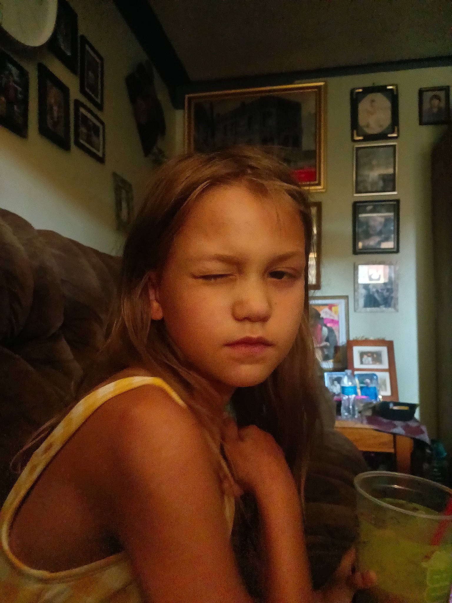 Lilyann is registered to the contest to win money with this photo: bangs, black_hair, brown_hair, chest, cocktail, corpse_reviver, daiquiri, drink, eyelash, fun, happy, head, human_leg, jaw, juice, long_hair, mouth, person, picture_frame, room