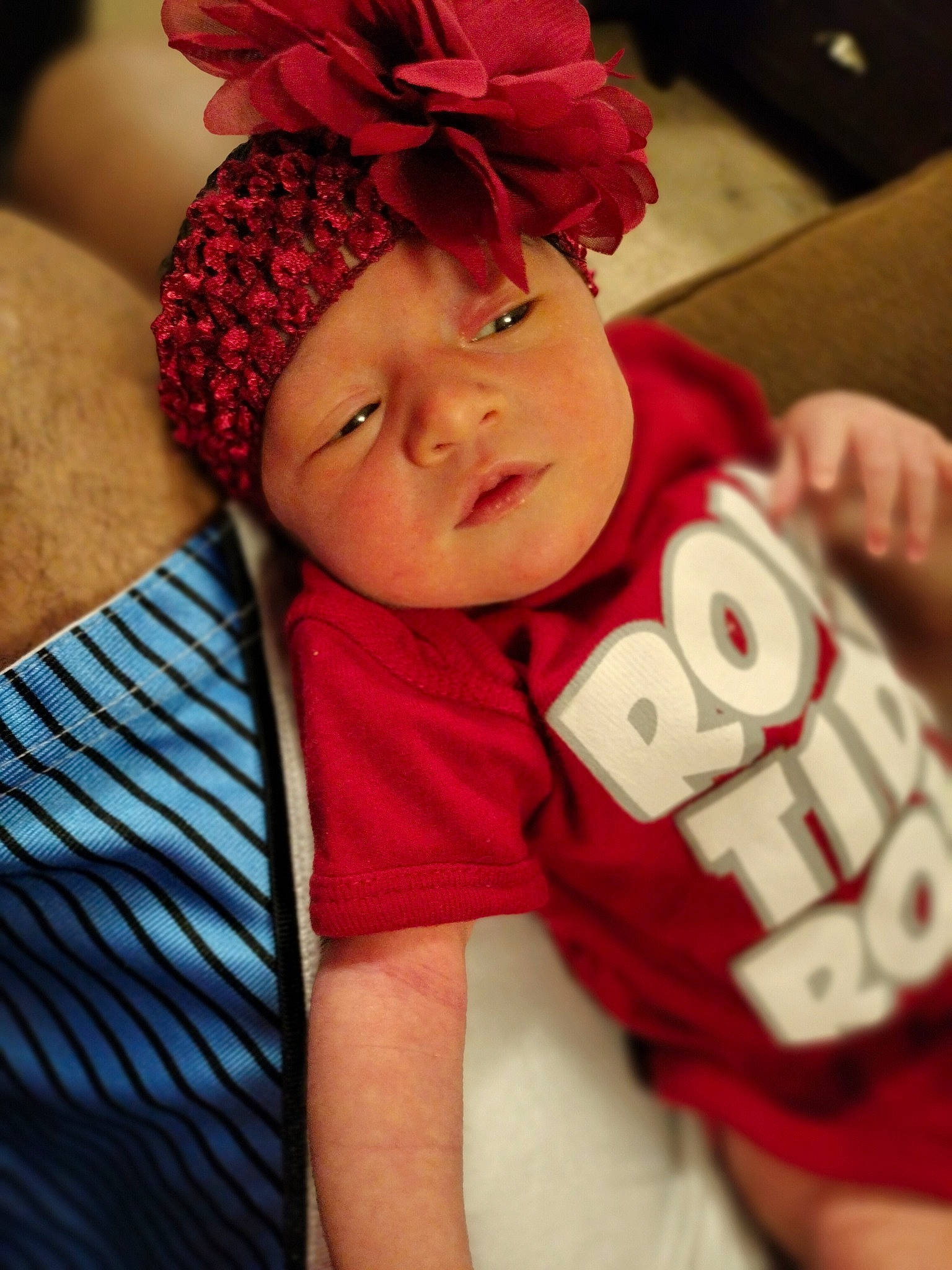 Gabrielle is registered to the contest to win money with this photo: baby, baby_products, baby_sleeping, baby_toddler_clothing, cap, child, cool, eye, fashion_accessory, happy, headgear, headpiece, headwear, knit_cap, magenta, person, pink, selfie, skin, t_shirt