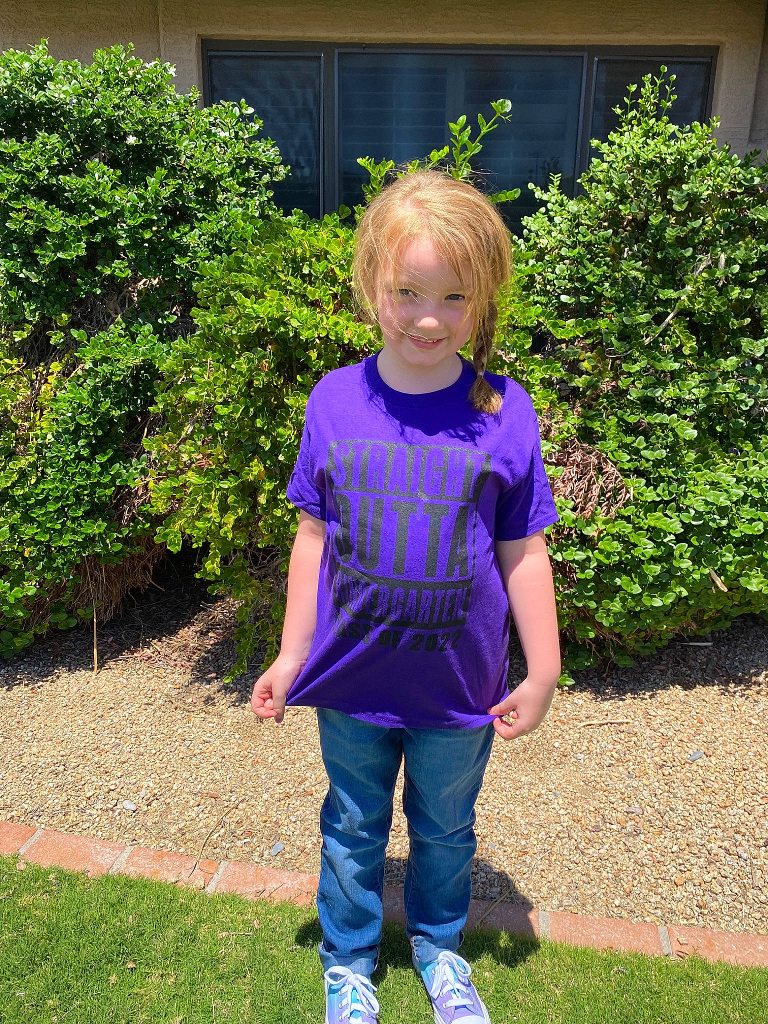 Kaia joined the competition — help win amazing prizes! baby_toddler_clothing, denim, electric_blue, garden, grass, joy, lawn, leaf, leisure, magenta, pattern, people_in_nature, person, plant, shrub, sleeve, soil, sweatpant, t_shirt, toddler