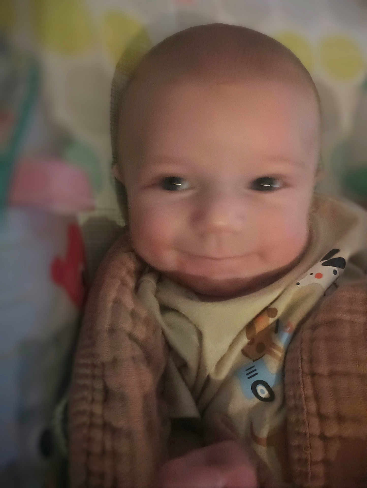 Joey joined the competition — help win amazing prizes! baby, child, smile, face, blanket, clothing, infant, portrait, cute, warm, cozy, indoors, soft_focus, head, young_child, happy, baby_garment, animal_print, closeup, person