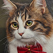 Athena participe au concours pour gagner de l'argent avec cette photo : adorable, animal, bow_tie, brown_fur, cat, close_up, cute, domestic_cat, ears, feline, fluffy_fur, green_eyes, indoor, looking_away, mammal, pet, portrait, tabby, whiskers, white_fur