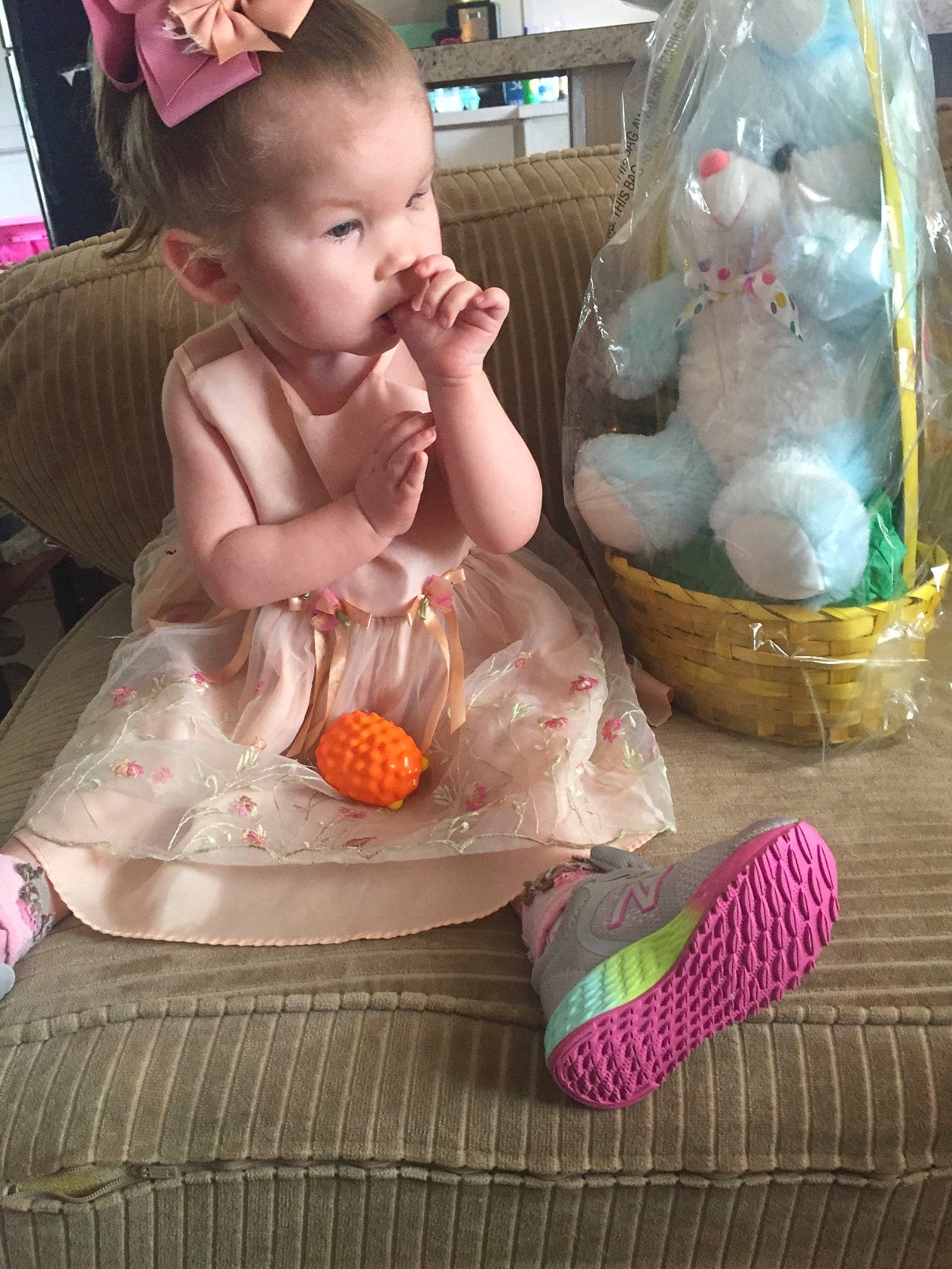 Addalyn joined the competition — help win amazing prizes! baby, basket, child, comfort_food, easter, food, holiday, person, pink, play, toddler