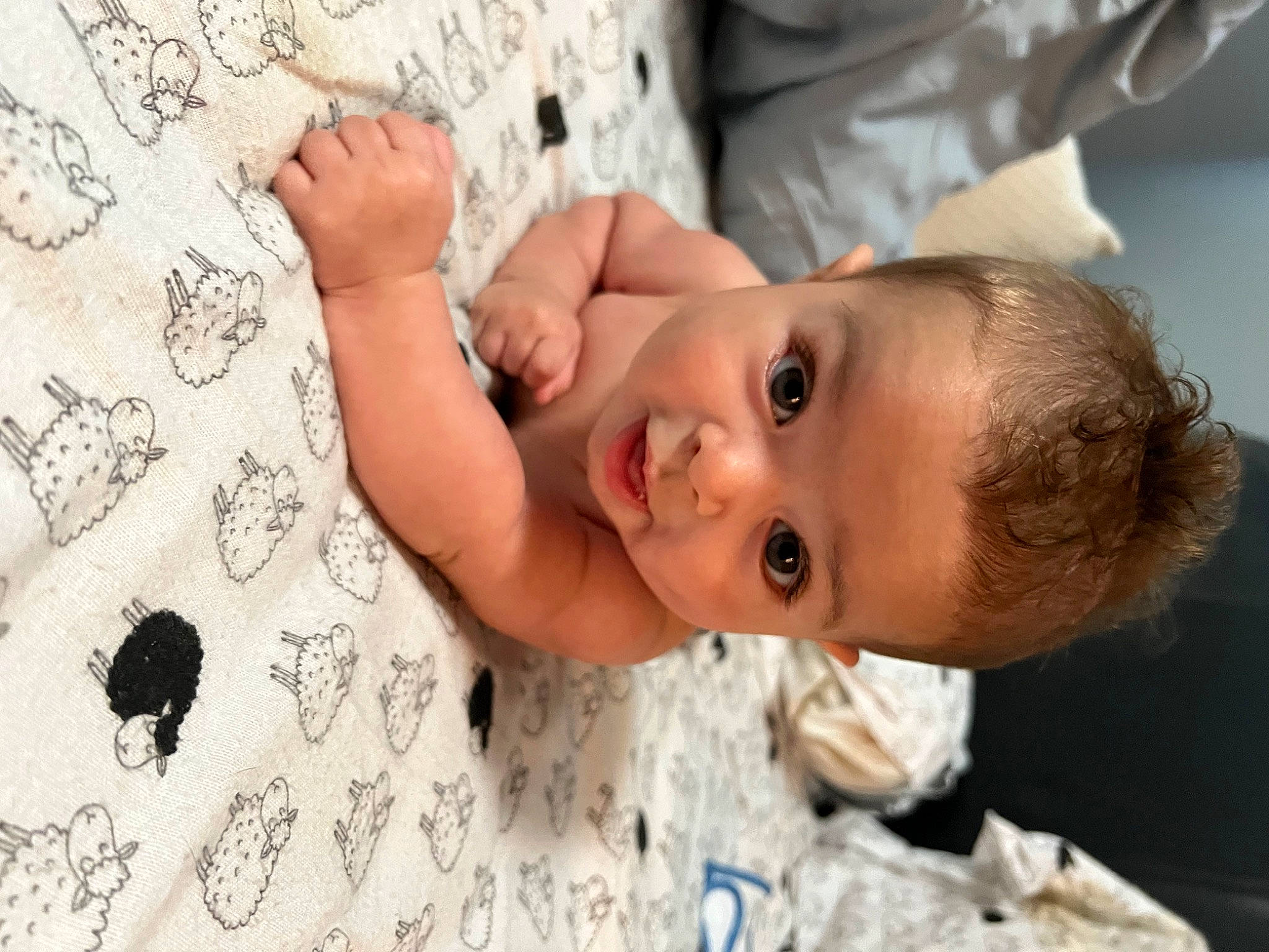 Ryker is registered to the contest to win money with this photo: baby, baby_products, baby_toddler_clothing, cheek, child, comfort, eyelash, face, flooring, gesture, happy, head, human_body, linens, lip, nose, person, skin, sleeve, toddler