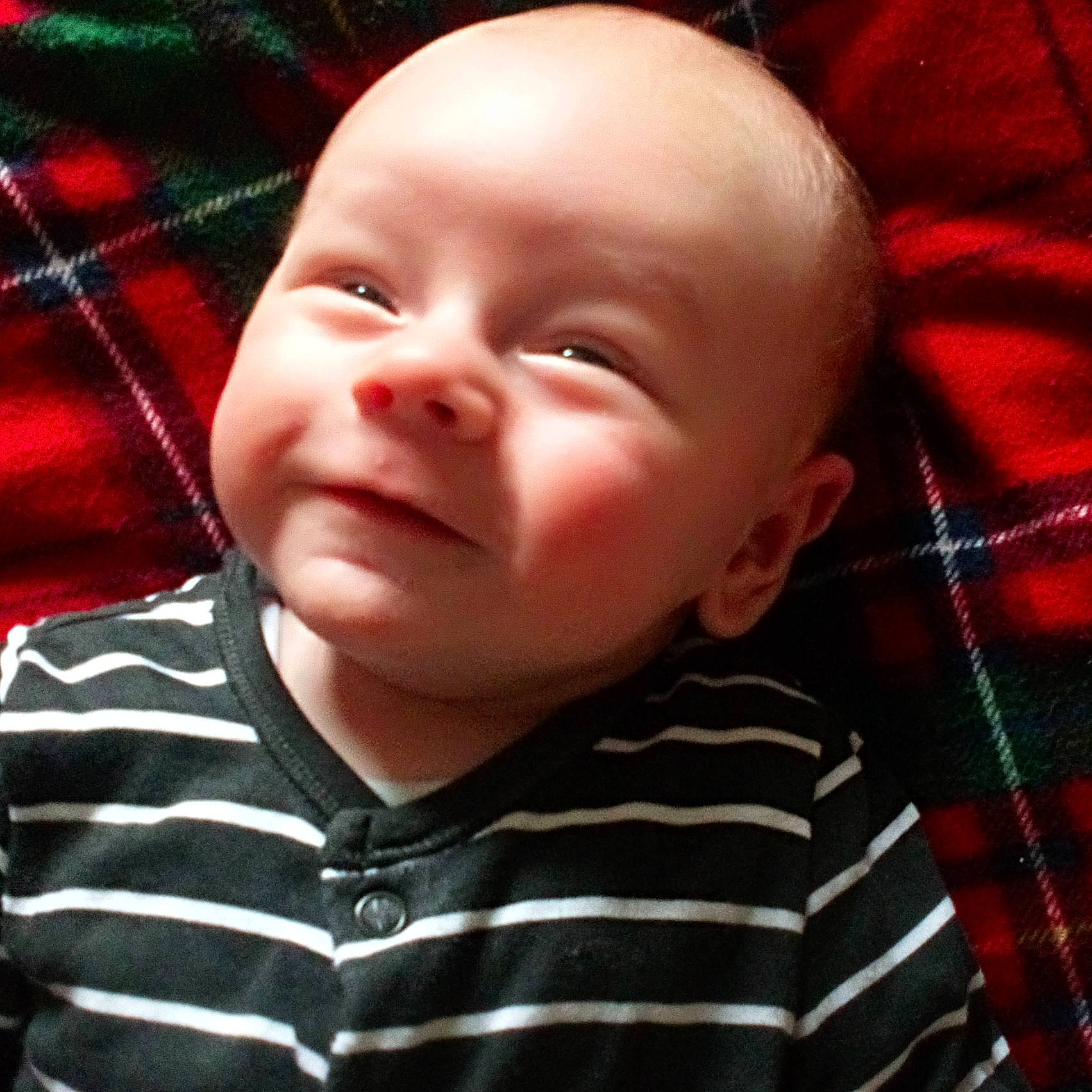 Benny joined the competition — help win amazing prizes! baby, cheek, child, chin, cool, design, face, facial_expression, head, lip, mouth, nose, pattern, person, plaid, red, skin, smile, tartan, textile