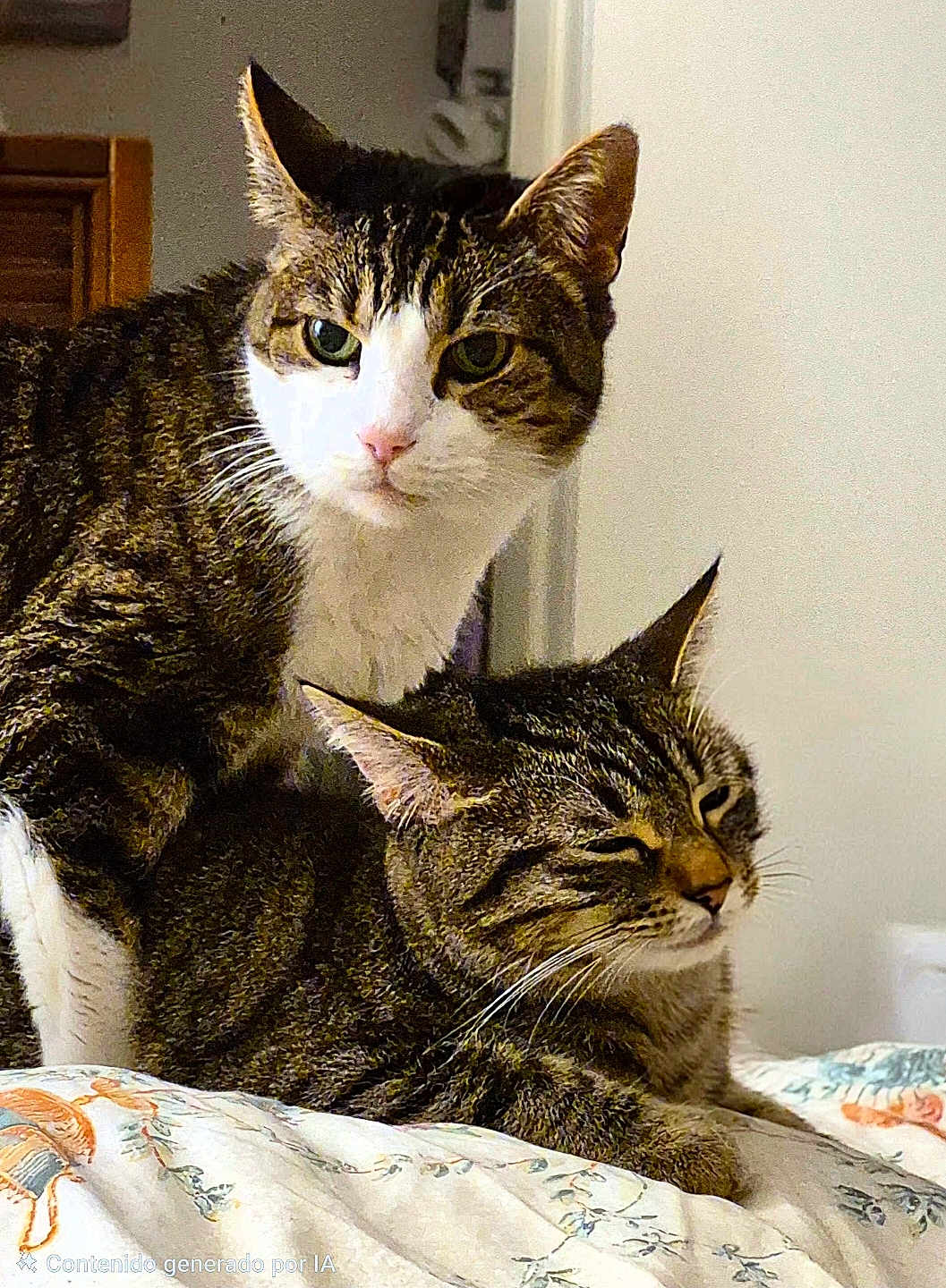 Sushi And Sashimi is registered to the contest to win money with this photo: cat, tabby_cat, two_cats, feline, pet, indoor, bed, blanket, resting, stare, whiskers, ears, fur, portrait, closeup, pair, domestic_animal, cozy, sleepy, curious