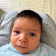 Zayn participe au concours pour gagner de l'argent avec cette photo : baby, infant, face, eyes, hair, pajamas, clothing, person, skin, closeup, portrait, lap, texture, blanket, indoor, child, cute, expression, lying, soft