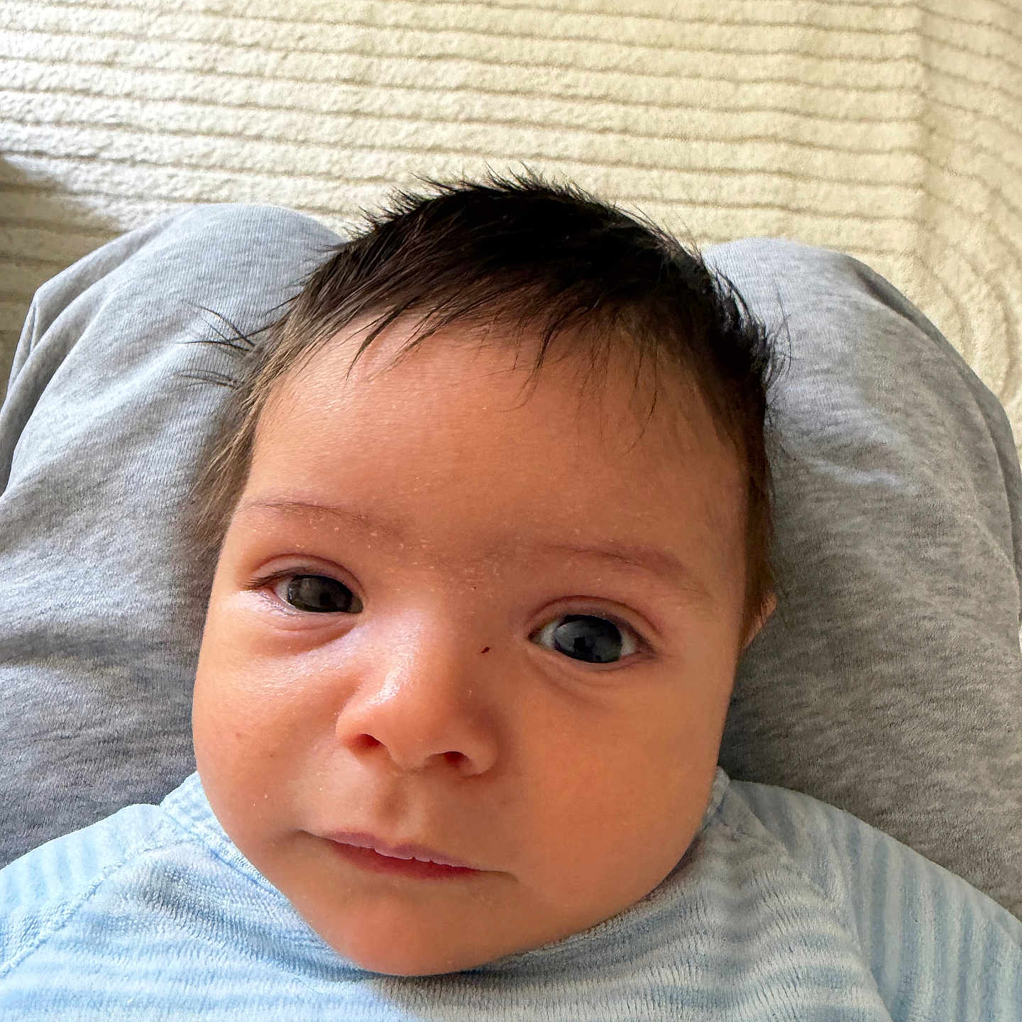 Zayn participe au concours pour gagner de l'argent avec cette photo : baby, infant, face, eyes, hair, pajamas, clothing, person, skin, closeup, portrait, lap, texture, blanket, indoor, child, cute, expression, lying, soft