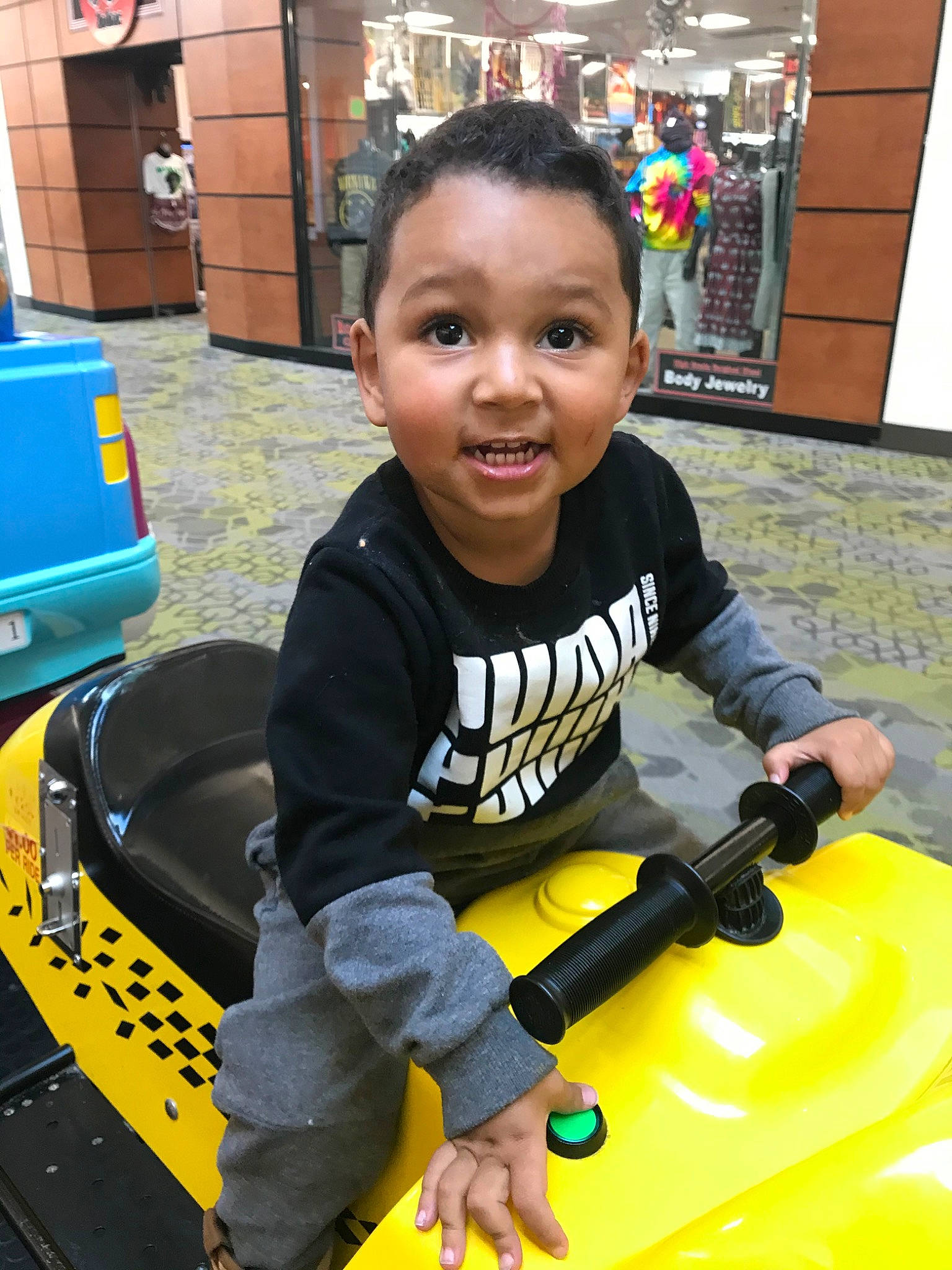 Alfonso joined the competition — help win amazing prizes! child, fun, gun, person, play, playground, smile, t_shirt, toddler, toy, vehicle, yellow