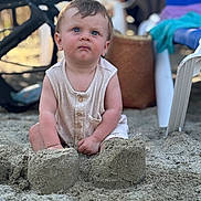 Noé participe au concours pour gagner de l'argent avec cette photo : beach, blue_eyes, blurred_background, child, clothing, curious, expression, face, hair, outdoor, person, play, sand, sandcastle, sitting, skin, summer, sunlight, toddler, vacation