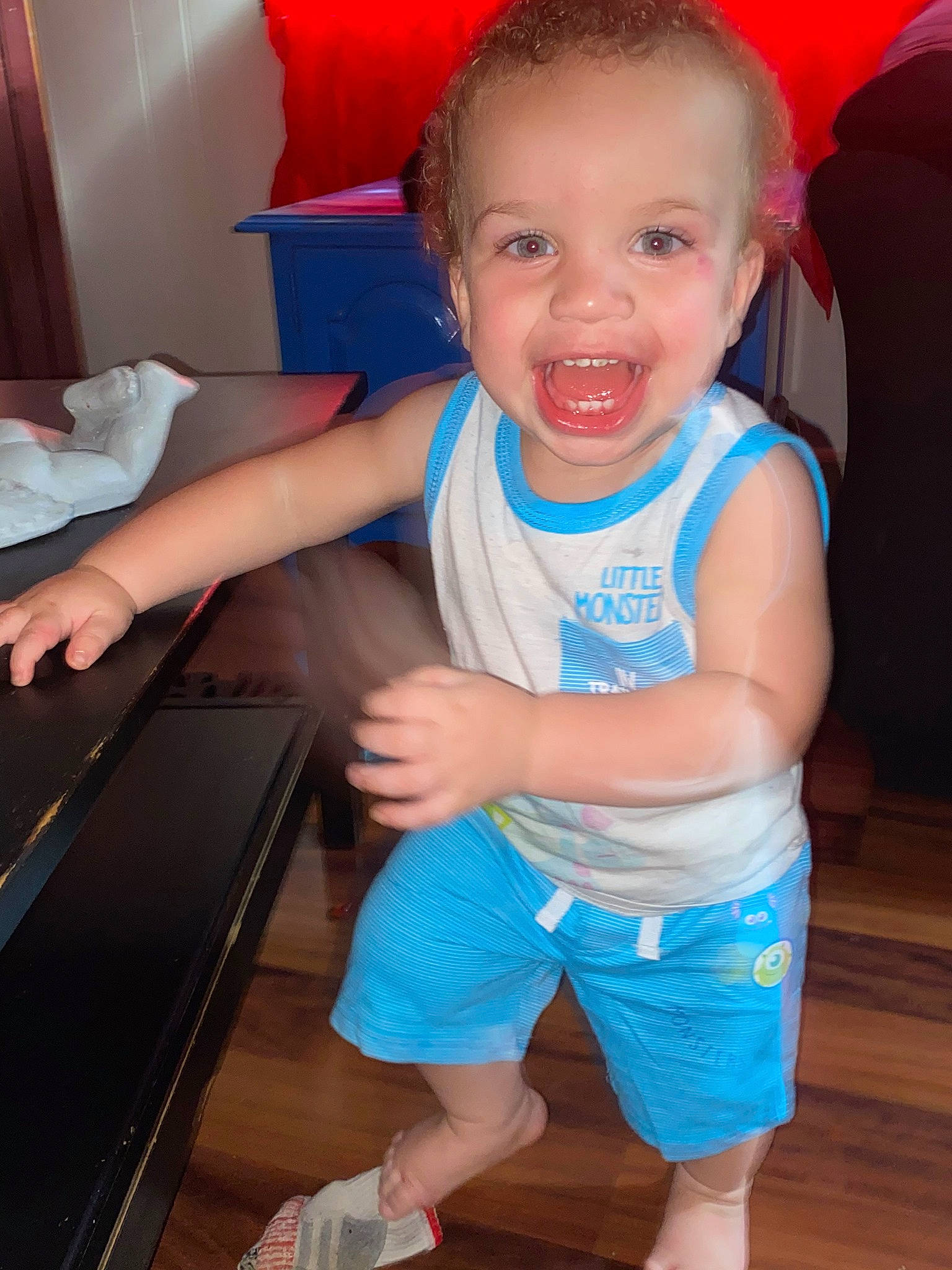 Braxton is registered to the contest to win money with this photo: baby, cheek, child, facial_expression, fun, laugh, person, play, skin, smile, standing, toddler