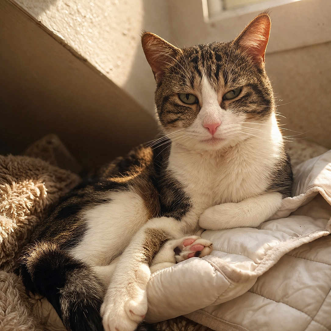 Minou participe au concours pour gagner de l'argent avec cette photo : cat, tabby_cat, white_fur, relaxed, cozy, blanket, window, sunlight, indoor, pet, animal, feline, paw, resting, cute, fur, ears, whiskers, home, comfort