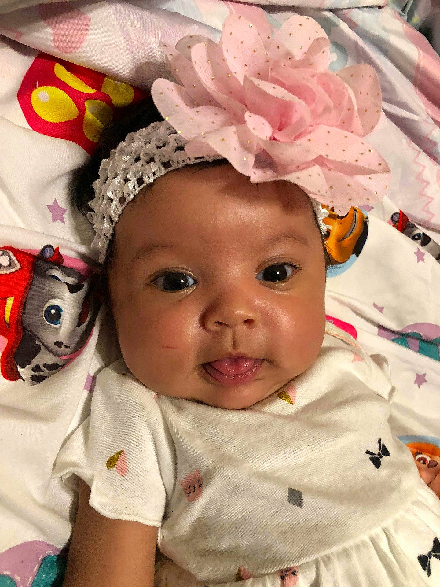 Evie is registered to the contest to win money with this photo: cheek, child, eye, flower, girl, hair_accessory, headband, headgear, infant, person, pink, product, skin, smile, textile, toddler