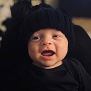 Koby joined the competition — help win amazing prizes! baby, infant, child, smiling, happy, black_hat, knit_hat, black_clothing, portrait, cute, face, mouth_open, eyes, headwear, indoors, warm, cozy, closeup, person, expression