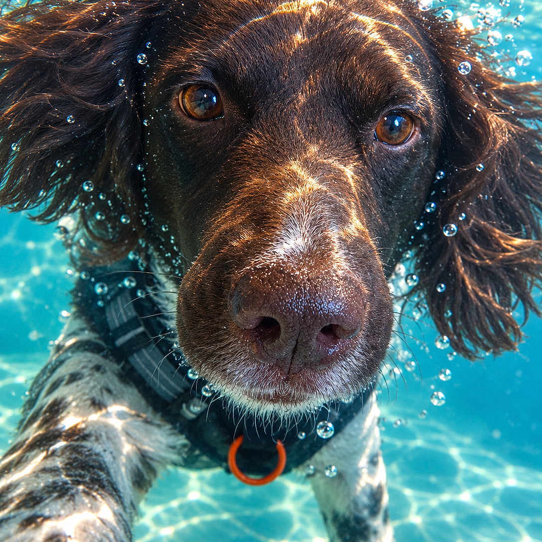 Spiky a rejoint le concours — aidez-le/la à gagner de superbes lots ! dog, underwater, swimming, pool, wet, bubbles, face, close_up, portrait, brown_fur, long_ears, nose, eyes, collar, orange_tag, water, aquatic, outdoor, animal_photography, dramatic_lighting