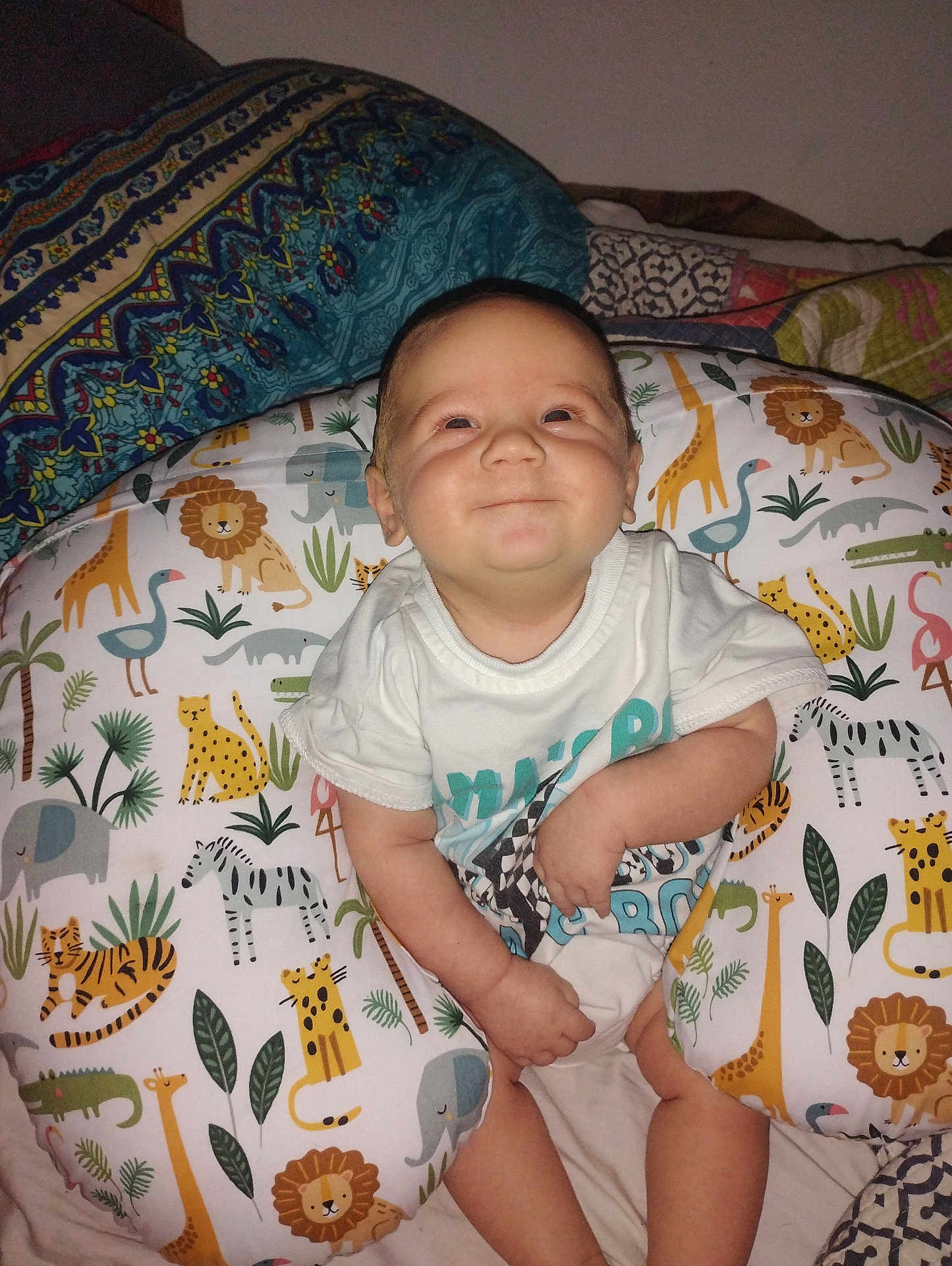 Legend joined the competition — help win amazing prizes! baby, smiling, child, pillow, animal_pattern, white_shirt, indoor, blanket, happy, cute, infant, person, seated, colorful, young_child, portrait, cozy, home, mammal, skin
