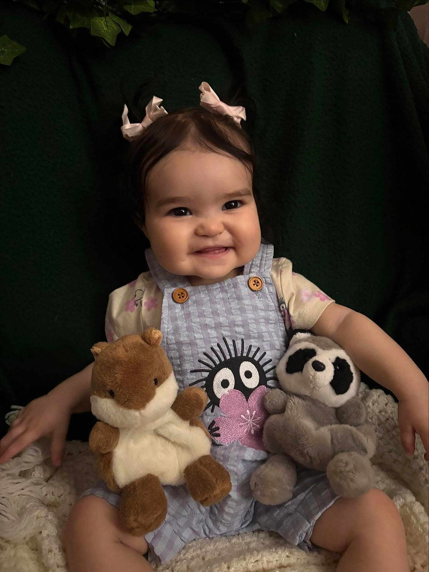 Amelia joined the competition — help win amazing prizes! child, toddler, smiling, pigtails, hair_bows, plush_toy, squirrel_plush, raccoon_plush, knitted_blanket, green_background, overalls, cute, happy, indoors, portrait, baby_clothes, seated, soft_toys, infant, playful