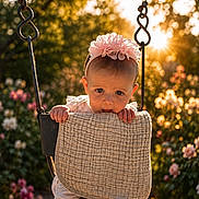 Braylee joined the competition — help win amazing prizes! baby, child, swing, flower_headband, sunset, flowers, garden, outdoor, cute, infant, nature, playground, sunlight, portrait, pink_flower, clothing, hands, face, expression, texture