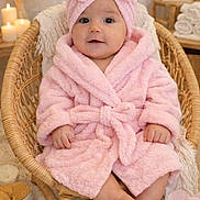 Myléna participe au concours pour gagner de l'argent avec cette photo : baby, infant, pink_robe, bow_headwrap, wicker_basket, sitting, smiling, toes, baby_slippers, orchid_flower, candles, towel, cozy, soft_texture, bath_time, nursery_decor, portrait, adorable, plush_rug, baby_hands