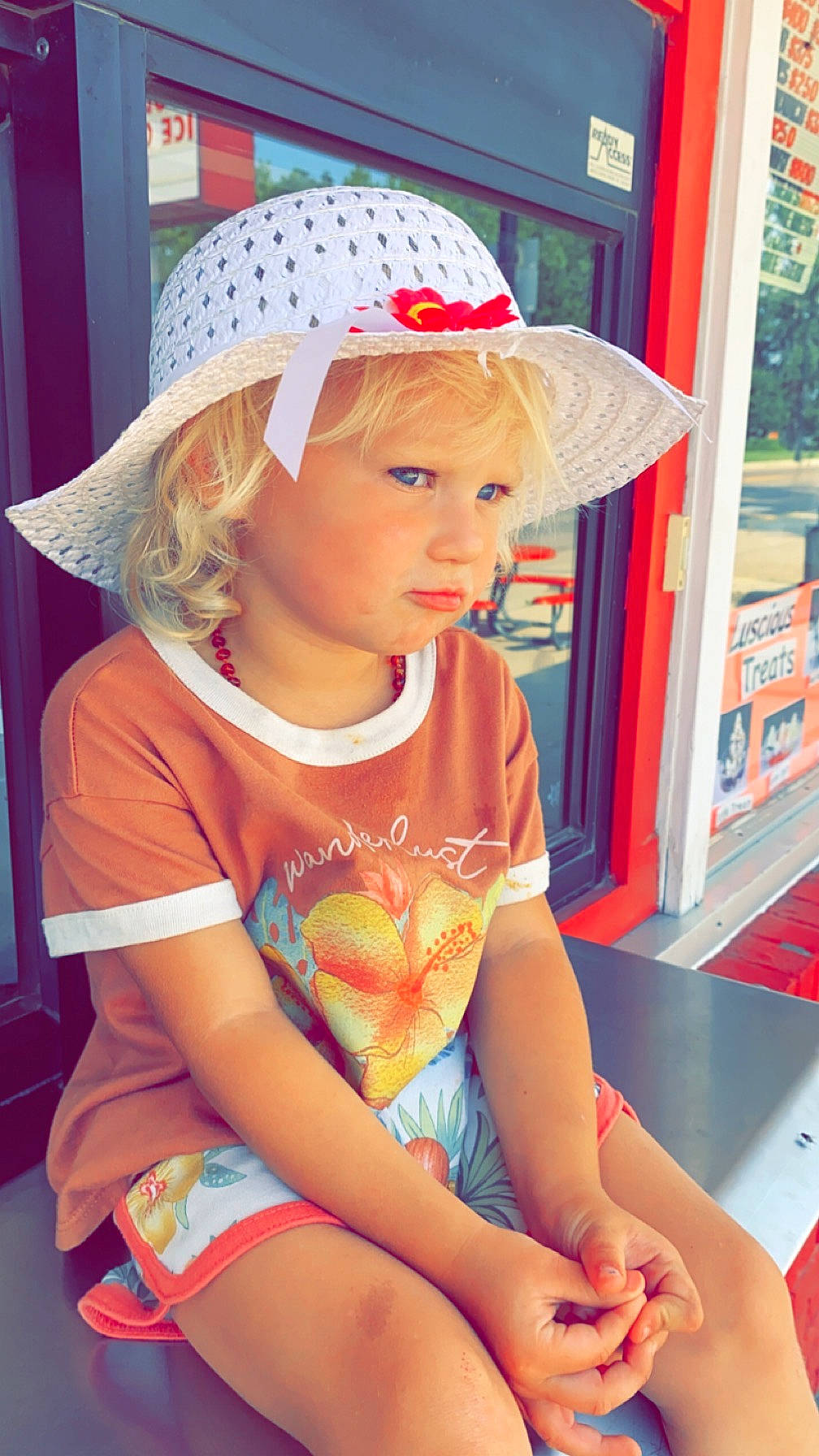 Avery joined the competition — help win amazing prizes! baby_toddler_clothing, baseball_cap, beauty, cap, child, electric_blue, facial_expression, fashion_accessory, fun, happy, hat, headgear, human_leg, leisure, person, pink, sun_hat, thigh, toddler, vacation