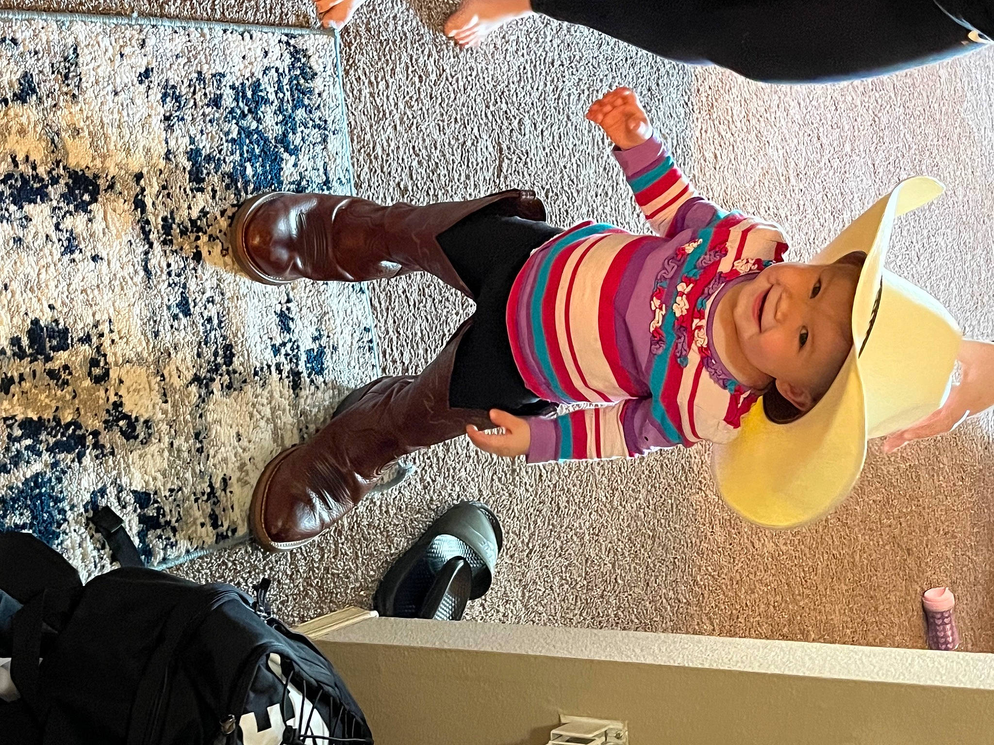 Nora is registered to the contest to win money with this photo: child, cool, eyewear, fun, happy, hat, headwear, human_leg, joy, leg, leisure, pattern, people, person, shorts, smile, sneakers, t_shirt, textile, thigh