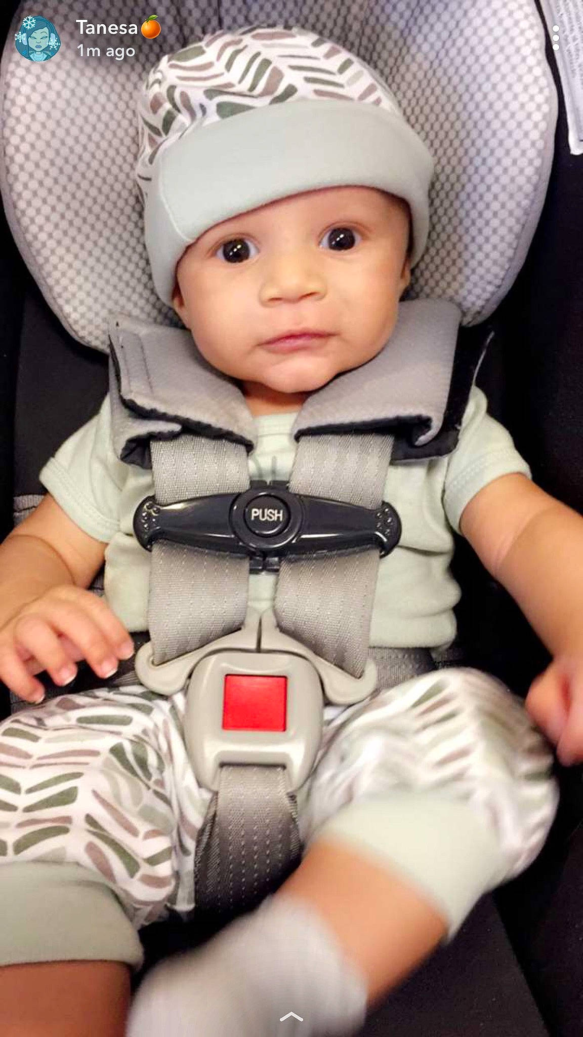 Franklin is registered to the contest to win money with this photo: auto_part, baby, baby_carriage, baby_safety, baby_toddler_clothing, cap, car_seat, cheek, child, comfort, eye, face, flash_photography, head, headwear, iris, person, personal_protective_equipment, photograph, product