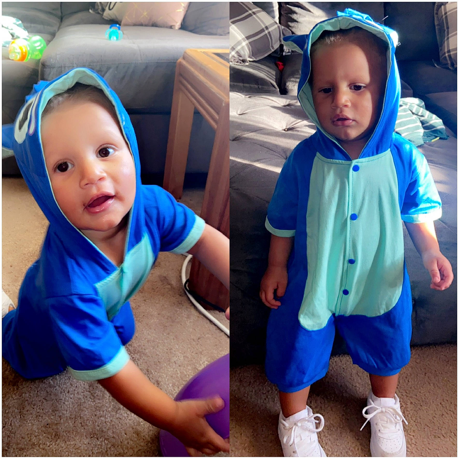 Franklin is registered to the contest to win money with this photo: arm, azure, baby, baby_toddler_clothing, blue, child, cool, happy, headgear, human, neck, outerwear, people, person, photograph, product, purple, shorts, sleeve, surprise