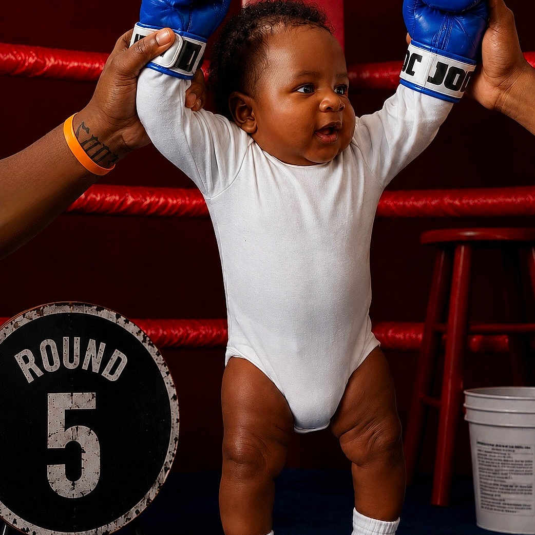 Kyrie is registered to the contest to win money with this photo: baby, boxing_gloves, boxing_ring, child, white_onesie, socks, adult_hands, round_5_sign, blue_gloves, red_background, stool, bucket, sport, indoor, cute, determined, standing, person, portrait, funny