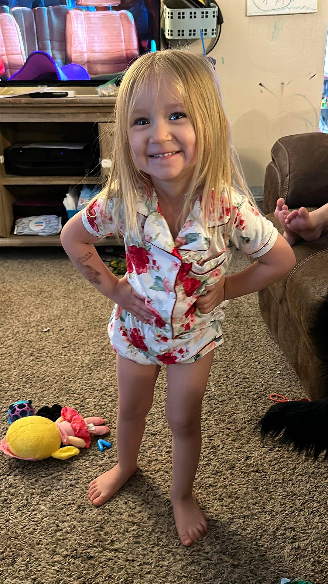 Lydia Raye joined the competition — help win amazing prizes! bangs, barefoot, blond, child, event, flooring, fun, hairstyle, happy, holiday, human_leg, joy, person, pink, shorts, sitting, smile, standing, t_shirt, textile