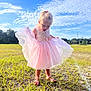child, girl, pink_dress, outdoor, grass, sky, clouds, sunny, sandals, playful, young_child, nature, daylight, field, summer, cute, happy, portrait, standing, dress