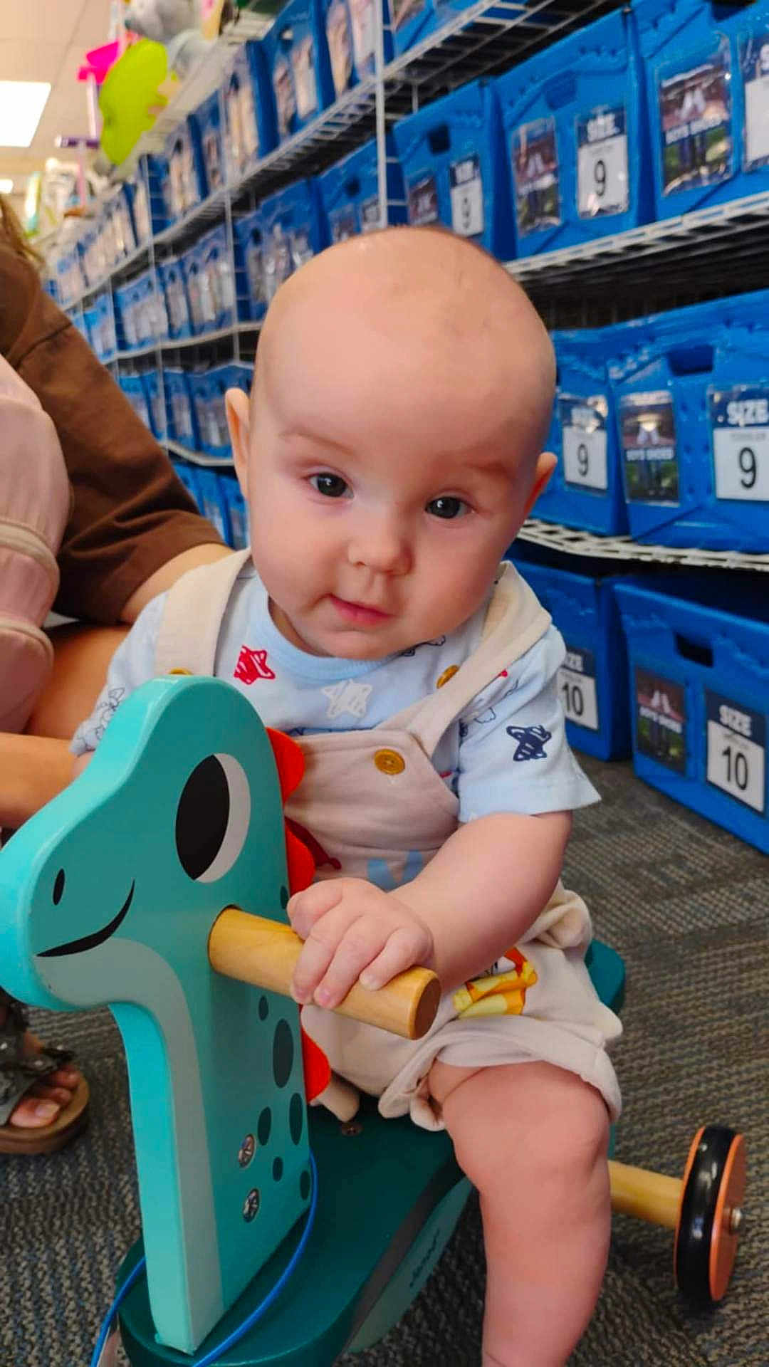 Sylas joined the competition — help win amazing prizes! baby, child, toy, dinosaur_toy, rocking_toy, blue, storage_bins, indoor, carpet, person, cute, overalls, wooden_handle, play, infant, sitting, curious, expression, floor, store