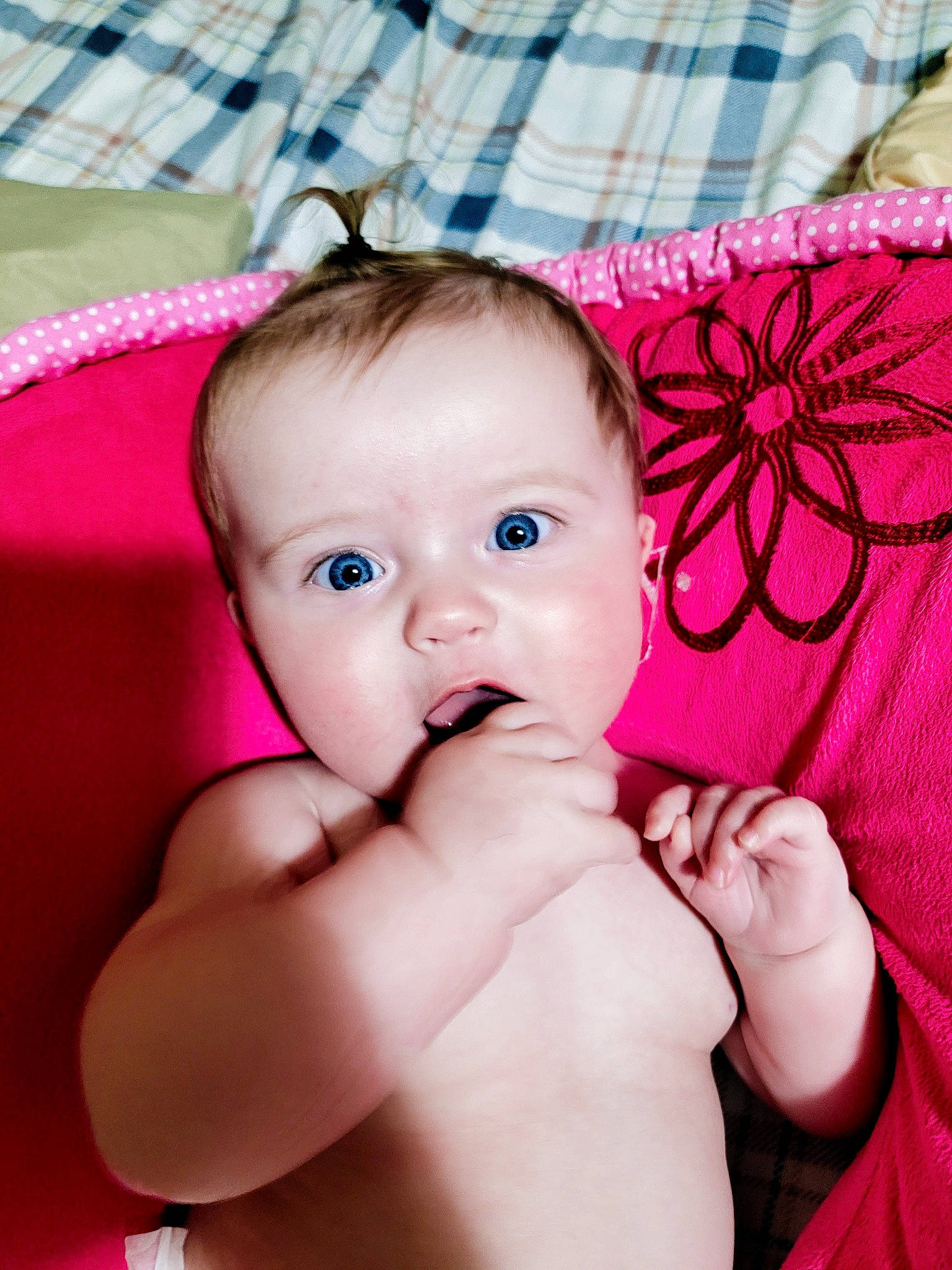 Millicent is registered to the contest to win money with this photo: baby, baby_toddler_clothing, cheek, chest, child, comfort, eye, eyelash, finger, flash_photography, gesture, happy, iris, lip, magenta, nail, person, pink, skin, thumb