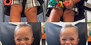Nyzaun is registered to the contest to win money with this photo: toddler, child, smiling, stroller, black_shirt, plaid_shorts, toy, happy, indoors, baby, seatbelt, playful, cute, sitting, person, face, legs, hands, carpet, furniture