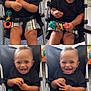 toddler, child, smiling, stroller, black_shirt, plaid_shorts, toy, happy, indoors, baby, seatbelt, playful, cute, sitting, person, face, legs, hands, carpet, furniture