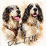 animal, artistic, black, brown, canine, closeup, collar, companion, dog, fluffy, friendly, fur, happy, pet, portrait, sitting, tongue_out, two_dogs, watercolor_effect, white