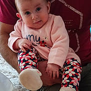 Olivia participe au concours pour gagner de l'argent avec cette photo : baby, child, infant, person, adult, holding, pink_clothing, floral_leggings, white_booties, fuzzy_rug, indoor, casual, seated, curious_expression, hand, legs, face, shorts, maroon_shirt, comfort