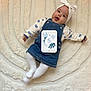 baby, infant, child, denim_dress, white_tights, headband, bow, milestone_card, 5_months, soft_blanket, texture, happy, playful, lying_down, cute, clothing, person, indoors, smiling, portrait