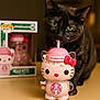 box, cat, close_up, collectible, curiosity, cute, drink, figurine, green_eyes, hello_kitty, indoor, plastic, portrait, shallow_depth_of_field, starbucks, straw, table, tortoiseshell_cat, toy, whipped_cream