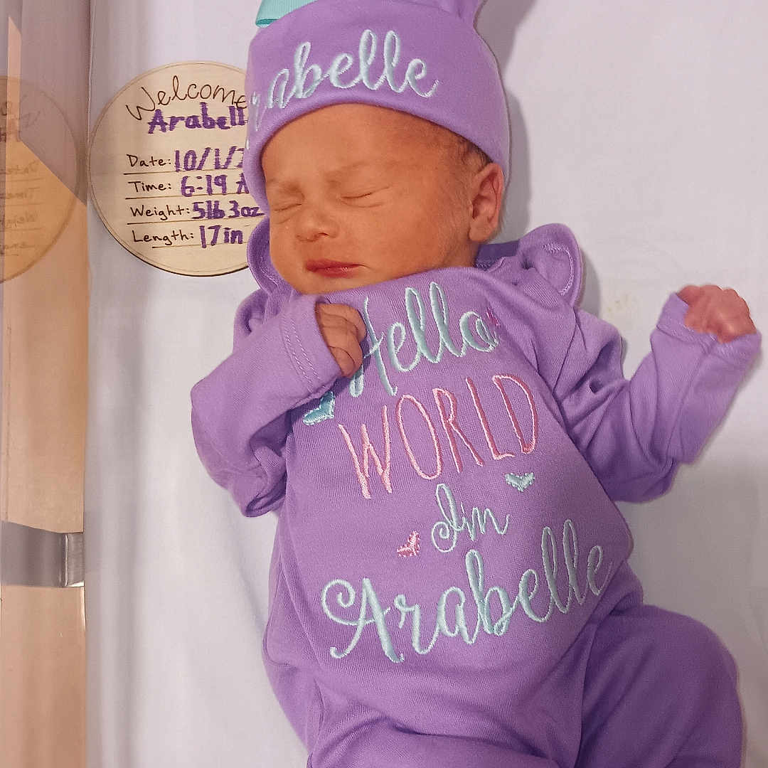 Arabelle joined the competition — help win amazing prizes! architecture, baby, bed, bodypart, bonnet, cap, clothing, crib, face, finger, furniture, hand, hat, head, infantbed, newborn, person, photography, portrait, purple