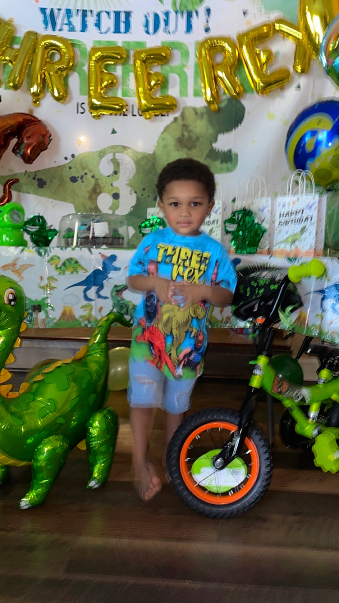 Levi is registered to the contest to win money with this photo: adaptation, automotive_tire, automotive_wheel_system, bicycle_tire, child, dinosaur, event, fun, green, happy, leisure, person, shorts, snapshot, t_shirt, tire, toddler, toy, wheel, world