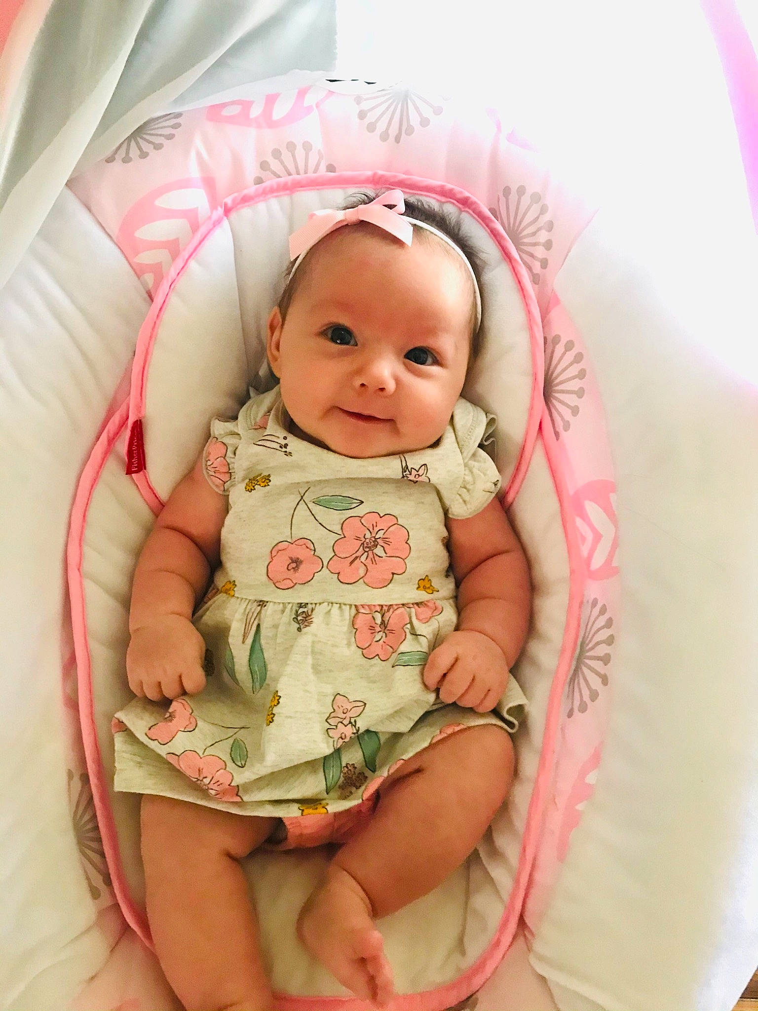 Avery Grace joined the competition — help win amazing prizes! baby, baby_toddler_clothing, chair, cheek, child, comfort, dress, eye, facial_expression, finger, happy, head, lip, mouth, person, pink, product, skin, sleeve, textile