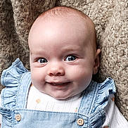 Annabelle joined the competition — help win amazing prizes! baby, infant, smile, face, blue_eyes, denim, clothing, overalls, texture, blanket, portrait, cute, child, young, happy, skin, closeup, expression, soft, indoor